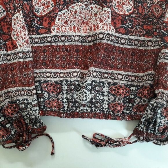 Lucky Brand Blouse Women Med Brown Black Paisley Midway Button Up Elastic Waist - Picture 5 of 10